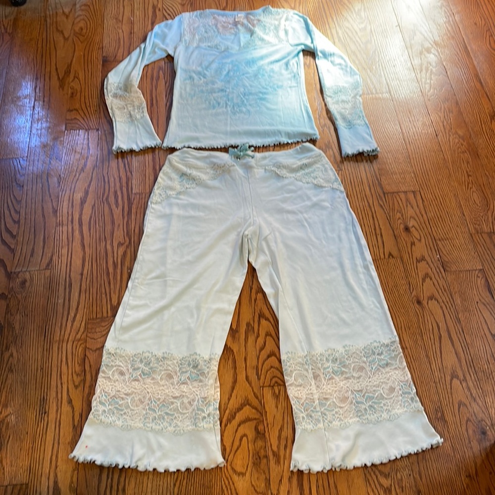 Claire Pettibone Dream Capris Loungewear Set Small Light Aqua Long Sleeve
